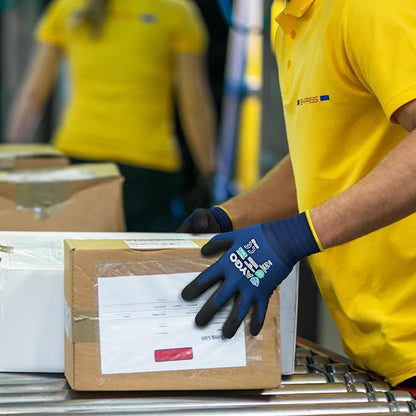 KAYGO MicroFoam Nitrile Coated Work Gloves, 12 Pairs KG19N Seamless Knit Nylon, Micro Dots for Enhanced Grip, Breathable and Durable, Ideal for Automotive, General Assembly, Painting, Blue, L