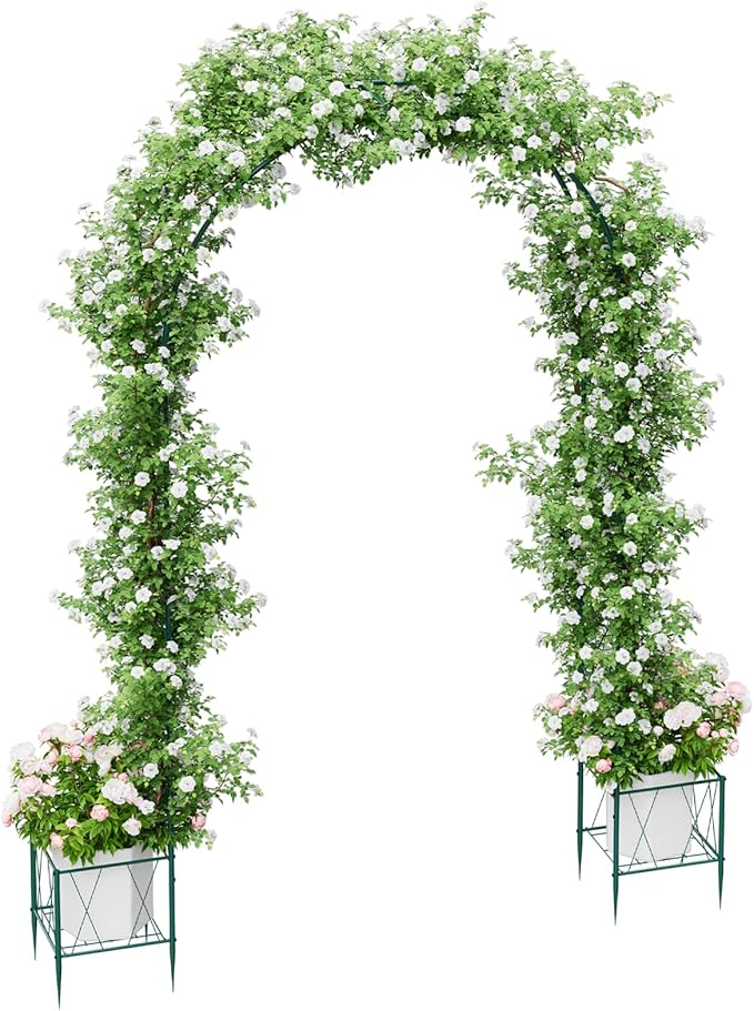 Garden Arch Trellis for Climbing Plants, 8.2 Ft Metal Pergola Arbor with Planter Boxes Outdoor Archway Wedding Arch Backdrop Stand for Halloween Christmas Birthday Party Baby Shower Decoration, Green