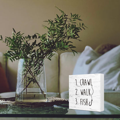 White Crawl Walk Fish Rustic Wooden Sign Desk Decor, Funny Baby Fishing Wood Block Sign for Home Bedroom Baby Room Shelf Table