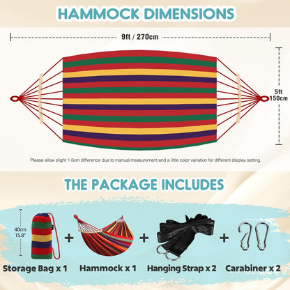 Anyoo Garden Cotton Hammock Comfortable Fabric Hammock with Spreader Bar Sturdy Hammocks Up to 450lbs Portable Lightweight Hammocks with Travel Bag for Camping Outdoor/Indoor Patio Backyard