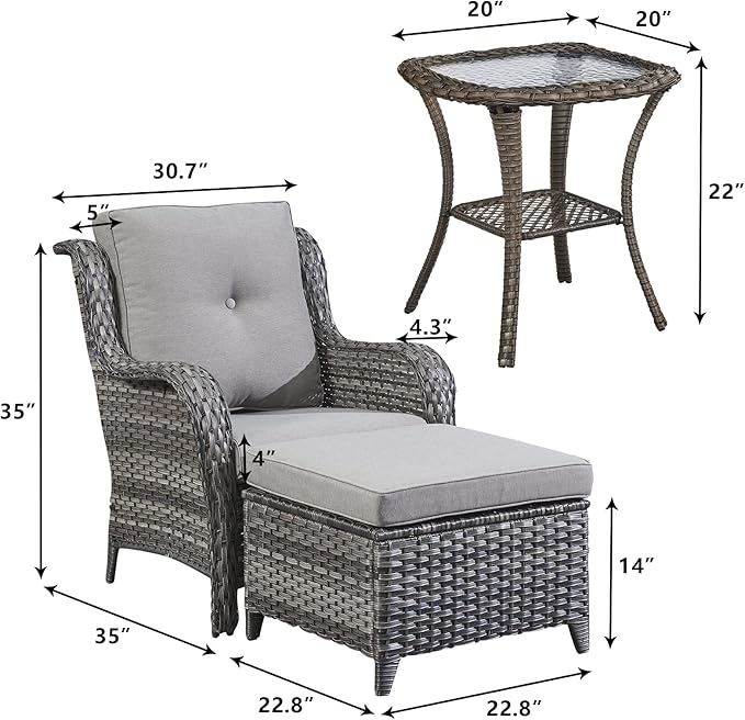 Rilyson Wicker Patio Furniture Set - 5 Piece Rattan Outdoor Sectional Conversation Sets with 2 Chairs,2 Ottomans and 1 Side Table for Porch Deck Garden(Mixed Grey/Grey)