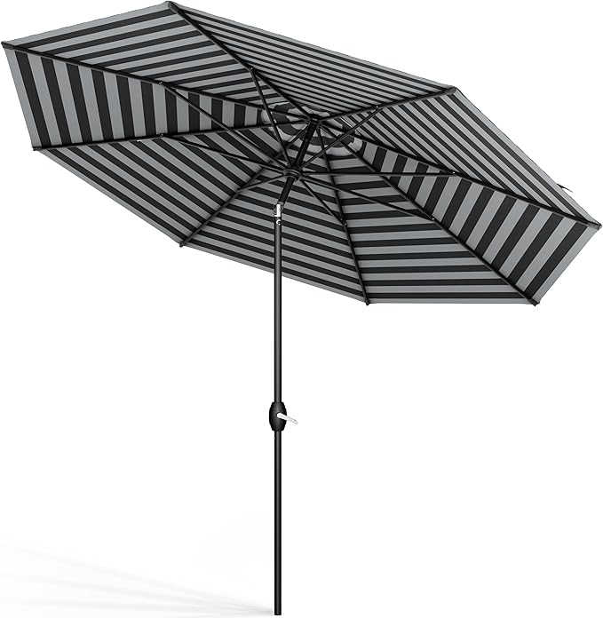Midtown Umbrellas Sunbrella Umbrella 9 Feet Outdoor Umbrella With Black & White Acrylic Fabric - Auto-Tilt Aluminum Frame Patio Umbrella For Backyard, Deck, Garden, Pool - Black Pole