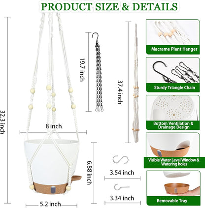 Hanging Planter for Indoor Plants 8 Inch, 2 Pack Hanging Baskets for Plants, Self Watering Hanging Flower Pots with Drainage Hole & 2 Kinds of Plant Hangers for Garden Home Decor (White, 8 inch)
