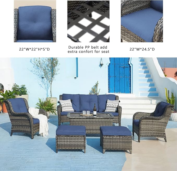 Outdoor Patio Wicker Furniture Set - 6 Piece Rattan Patio Conversation Sectional Sofa Set with 1 Couch,2 Armchairs,2 Ottomans and 1 Glass Top Coffee Table for Porch Deck Garden(Mixed Grey/Blue)