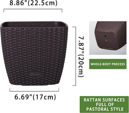 Dexceder 9x8 Self Watering Planter Indoor Outdoor, Inner Mat Design, Thickened Table Flower Plant Pot with Water Level Indicator (Brown Rattan)