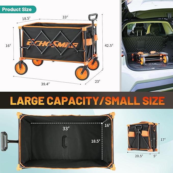 EchoSmile Collapsible Foldable Wagon Cart with 350lbs Weight Capacity, Heavy Duty Folding Utility Sport Wagon with Removeble Wheels for Camping,Grocery,Garden,Beach,Orange&Black