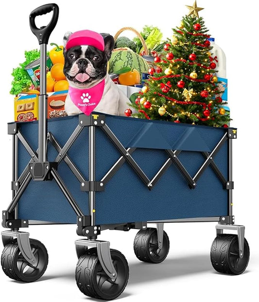 Beach Wagon,Collapsible-Wagon 220lbs with Big Wheels FoldableWagon Carts,Portable Utility for Garden Grocery Sports Camping All Terrain-Blue