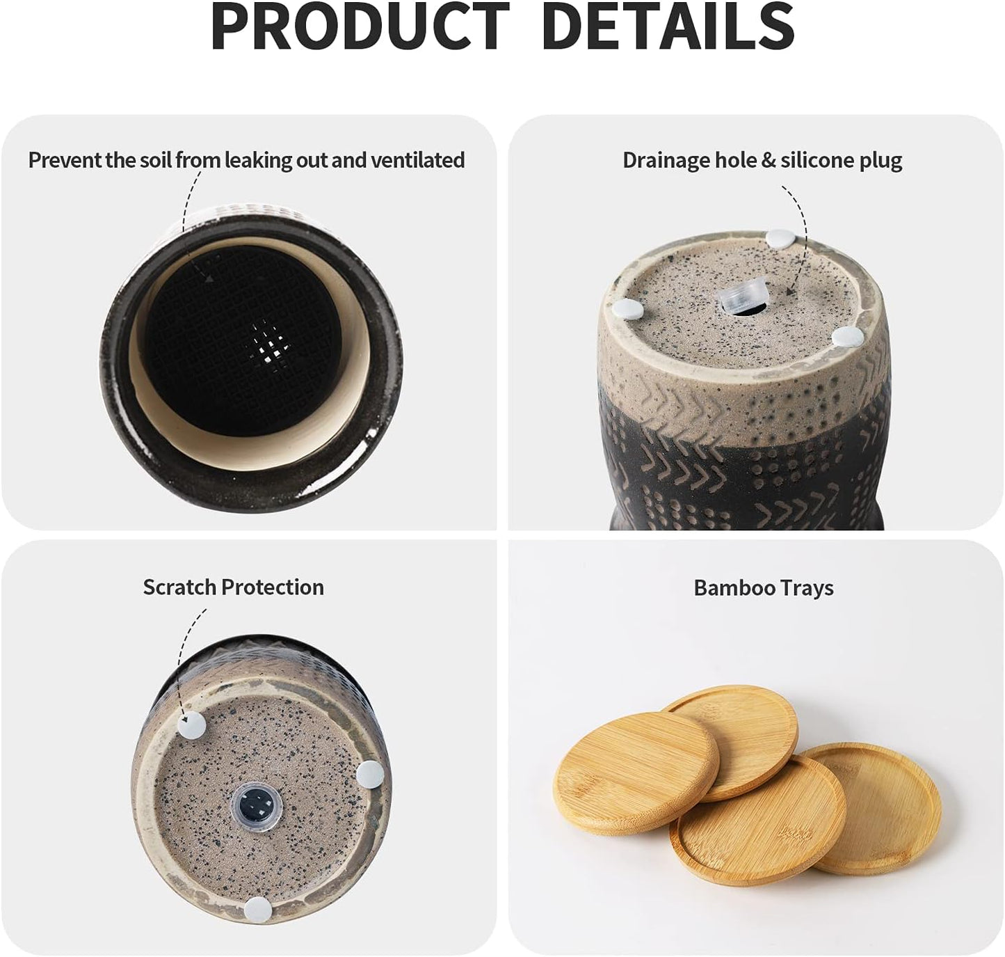 OMAYKEY 4 Inch Ceramic Plant Pot with Tray, Retro Black Small Planters Pots with Drainage Hole & Mesh Pads for Succulent, Indoor Flowers, Snake Plants, Cactus, Herbs, Aloes - 4 Packs