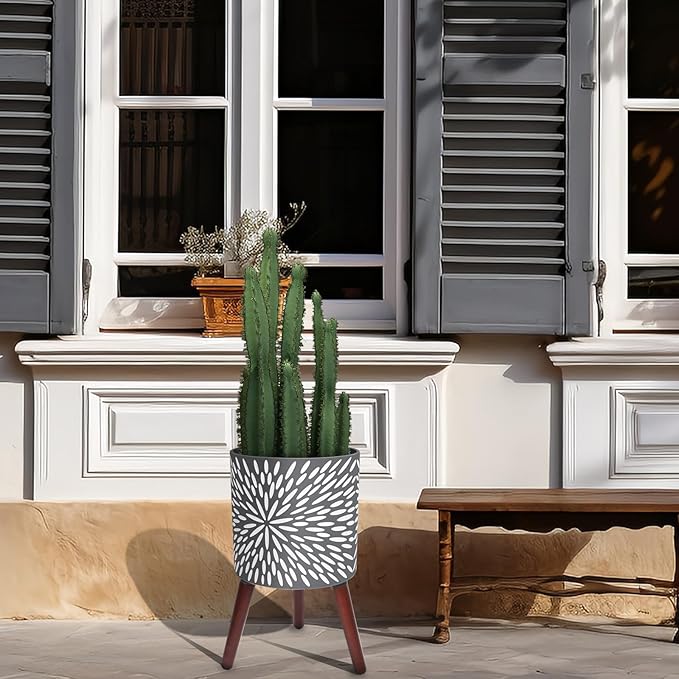 10 Inches Plant Pot with Stand, Large Modern Standing Planters for Indoor Plants with Drainage Holes, Gray Flower Pots with Legs