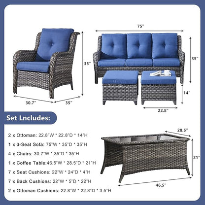 Rilyson Wicker Patio Furniture Chairs Set - 8 Piece Rattan Outdoor Patio Sectional Conversation Sets with Sofa,Armrest Chairs,Coffee Table and Ottomans for Porch Deck Garden(Mixed Grey/Blue)