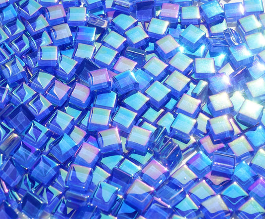 Iridescent Royal Blue Tiles for Mosaic Crafts, 300G Iridized Crystal Stained Glass Pieces for Mosaic, 1x1 cm Square Glass Tiles Great for Mosaic Art Supplies, Mosaic Tiles Home Decoration