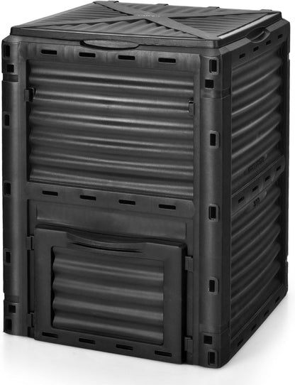 Goplus Compost Bin, 80 Gallon (300 L) Large Outdoor Composting Box w/Top Flip Latch-on Lid, Bottom Exit Door, BPA Free Material, Grass Food Trash Composter Barrel for Garden Yard (Black)