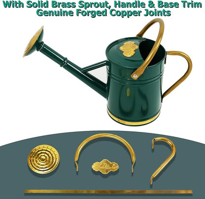 1 Gallon Galvanized Metal Watering Can with Solid Brass Sprout, Handle & Base Trim - Genuine Forged Copper Joints for Indoor/Outdoor Plants, Garden, Balcony for Kids and Adults (Emerald Brass)