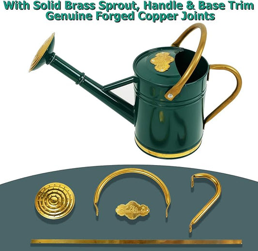 1 Gallon Galvanized Metal Watering Can with Solid Brass Sprout, Handle & Base Trim - Genuine Forged Copper Joints for Indoor/Outdoor Plants, Garden, Balcony for Kids and Adults (Emerald Brass)