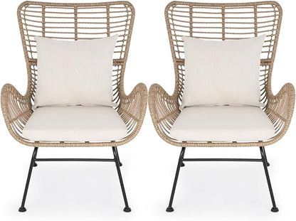 IDZO Isabelle Upgraded 2000 Hours UV Wicker Chairs Outdoor Set of 2, 500 lbs Capacity Outdoor Patio Chair, All-Weather Club Chair with Water-Resistant Olefin Cushions, Boho Style, Beige