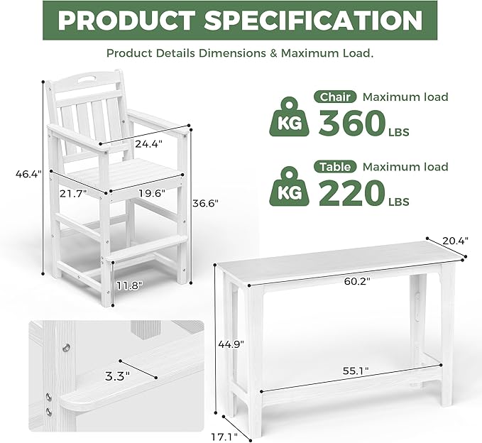 HDPE Outdoor Patio Bar Set with High Top Table and 2 Adirondack Chairs, All-Weather Bar Height Outside Rectangular Pub Furniture for Bistro, Garden, Backyard, Deck | 3-Pieces, White