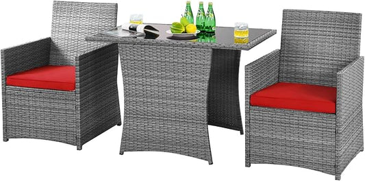 HAPPYGRILL 3 Piece Outdoor Wicker Bistro Set Space-Saving PE Rattan Dining Table Set with Cushioned Chairs, Patio Conversation Set for Backyard Porch Garden and Poolside