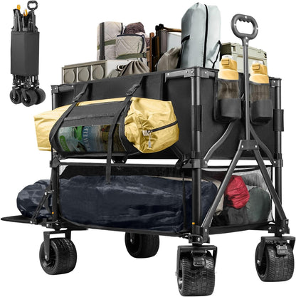 Double Decker Wagon 600lb Capacity & 400L Collapsible Sports Wagon with Big Wheels 54" Extended Utility Folding Cart for Camping Fishing & Outdoor Use