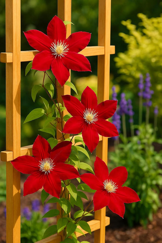 Perennial Farm Clematis 'Rebecca' Hybrid – Live Flowering Vine in 4 Quart Container, Large Velvety Red Blooms, Long Blooming, Compact Climber, Ideal for Trellises, Arbors & Containers