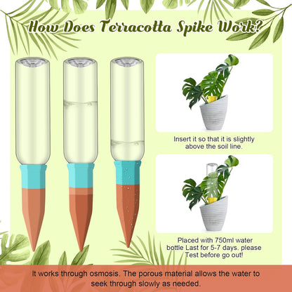 6 Sets Plant Watering Devices Include Terracotta Self Watering Spikes and 26 oz Plastic Bottles, Slow Release Vacation Insert Automatic Plant Waterer Device (Clear and Mixed Color)