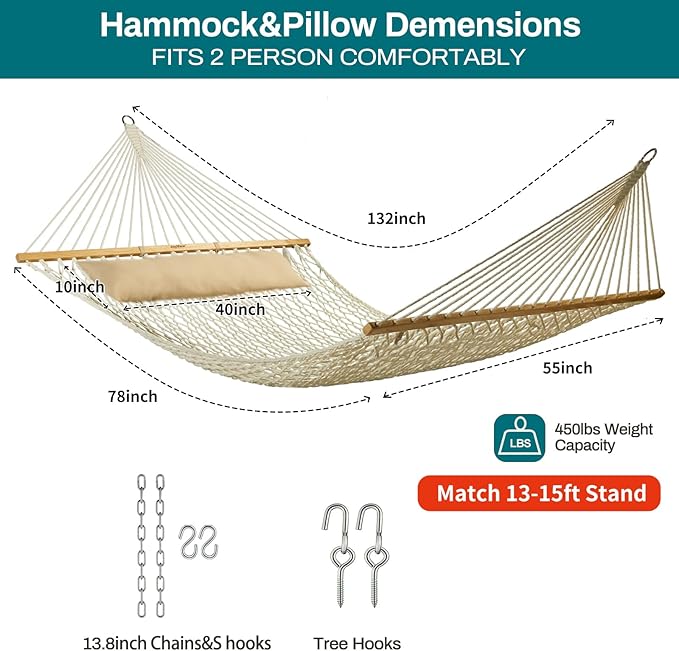 JoyView Traditional Rope Double Hammock - Hand Woven Cotton Hammock with Hardwood Spreader Bar and Pillow 450lb Capacity for Outdoor Indoor Patio Yard - Natural