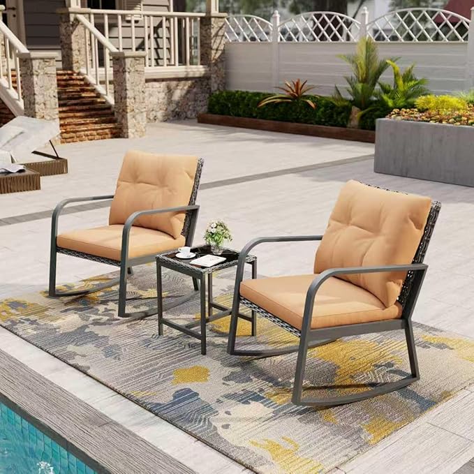 Bistro 3 Piece Patio Furniture Set, Patio Table and Rattan Outdoor Rocking Chairs Set of 2, Outdoor Bistro Conversation Set for Garden, Balcony, Poolside, Backyard, Khaki