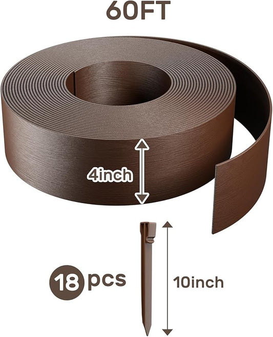 AGTEK 60FT Plastic Landscape Edging Coil Kit, 4 inch High Terrace Board Garden Edging Border with 18 Stakes