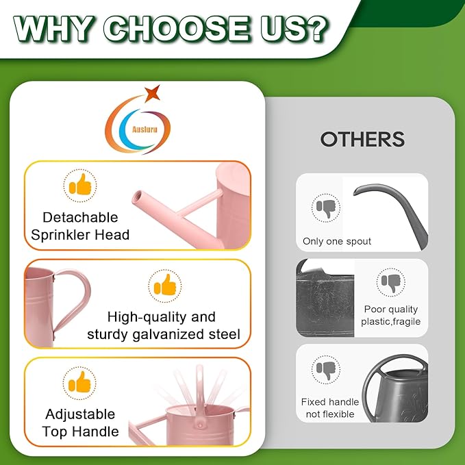 Metal Watering Can with Removable Spout, Galvanized Watering Can, Perfect for Indoor Use and for Outdoor Use (1 Gallaon, Pink)