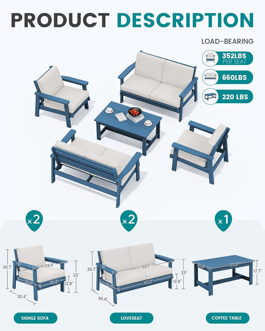 SERWALL HDPE Patio Furniture Set, 5 Piece All Weather Wood-Like Sectional Outdoor Furniture Set, Blue Patio Sofa Couch with Khaki Cushions for Deck, Lawn