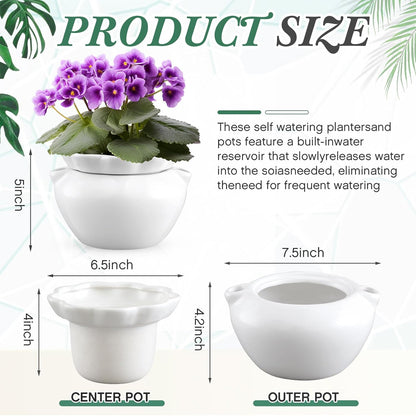 1 Set 7.5 Inches African Violet Pots Self Watering White Ceramic Pot for Indoor Plants, Flowerpot with Highly Absorbent Inner Pot for Busy Plant Lovers, Plant Care