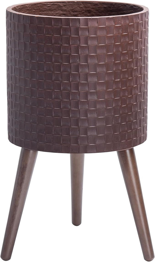 D'vine Dev 12 Inch Modern Geometric Tile Patterned Sleek Planter Pot with Stand, Indoor Outdoor Decorative Plant Holder, Espresso, 88-Z-C-6