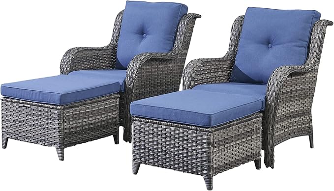 Rilyson Wicker Patio Furniture Set - 4 Piece Rattan Outdoor Sectional Conversation Sets with 2 Chairs and 2 Ottomans for Porch Deck Garden(Mixed Grey/Blue)