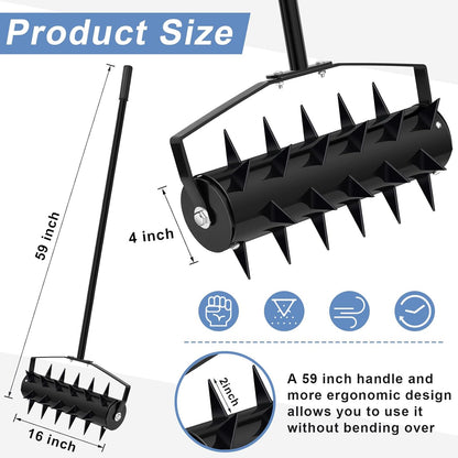 Lasnten Lawn Aerator Tool 16" Manual Rolling Yard Aerator Grass Roller Heavy Duty with 59" Stainless Steel Handle, Gloves, Spike Garden Rotary Push for Backyard Yard