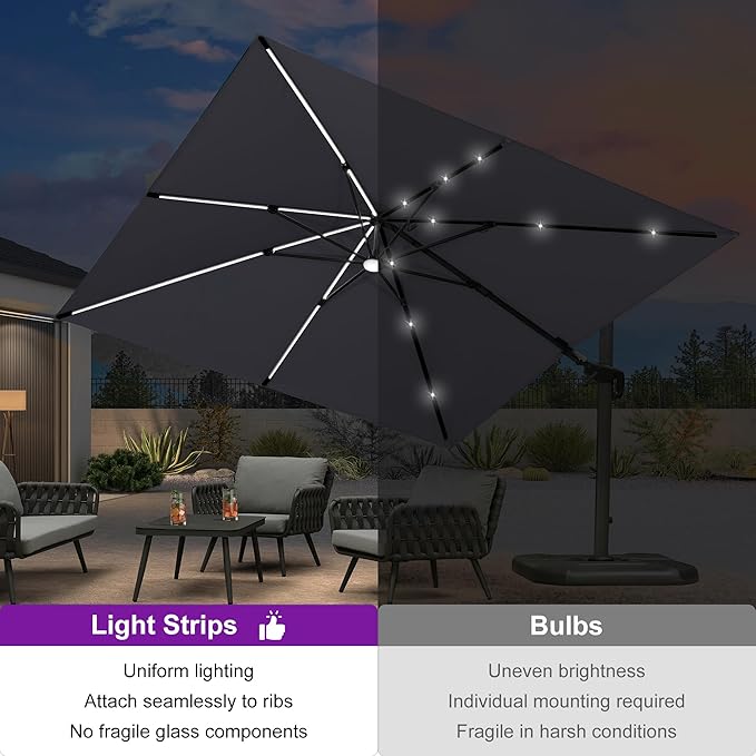 PURPLE LEAF 10 Feet Patio Umbrella Outdoor Cantilever Solar Powered LED Swivel Square Umbrella Aluminum Offset Umbrella with 360-degree Rotation for Garden Deck Pool Patio Light Grey
