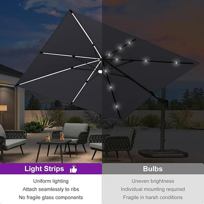 PURPLE LEAF 10 Feet Patio Umbrella Outdoor Cantilever Solar Powered LED Swivel Square Umbrella Aluminum Offset Umbrella with 360-degree Rotation for Garden Deck Pool Patio Light Grey