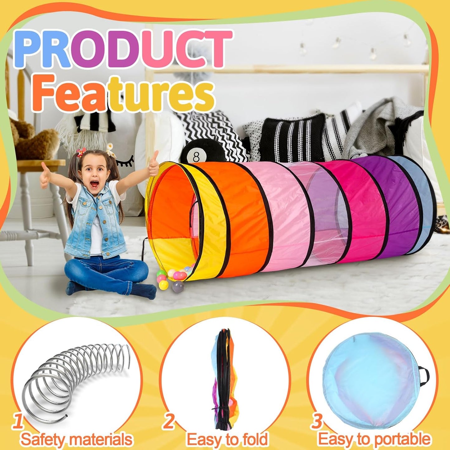 27.6 Inch Large Play Tunnel for Kids Pop Up Play Tunnel Tent Colorful Crawl Tunnel for Toddlers Babies Children or Dogs, Collapsible Gift for Boy Girl Tunnel Toys Indoor Outdoor (2 Pcs)