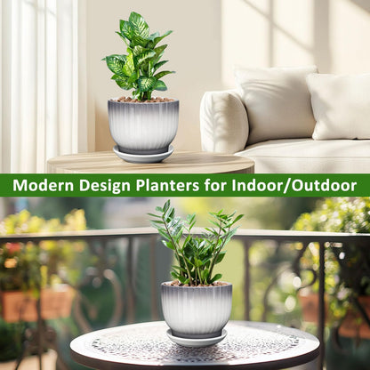 8 Inch Plant Pot, Ceramic Planter with Drainage and Saucer, Ceramic Pots for Plants, Indoor Plant pots,Ceramic Flower pots(Gray + White, Plants NOT Included)