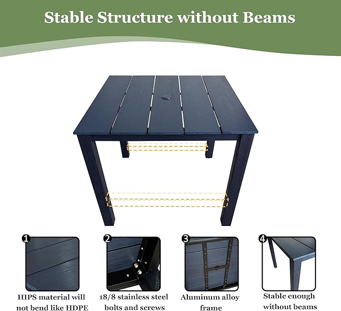Poly Lumber Patio Dining Set, HIPS Outdoor 36.2-Inches Dining Table and Ladder Back Chairs, with Umbrella Hole, Weather Resistant (5 Piece, Navy Blue)