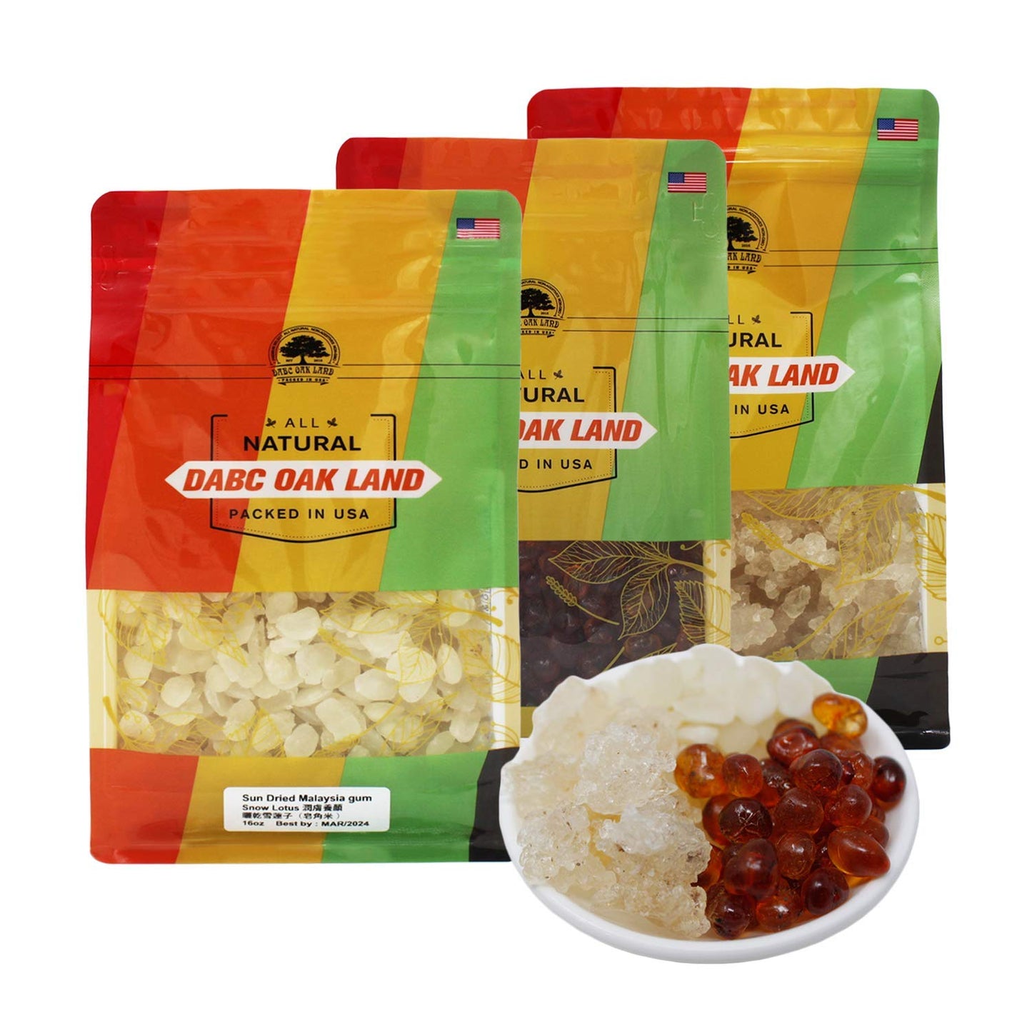 DABC OAK LAND Wild Peach Gum, Snow Swallow, Snow Lotus Seed (Saponified Rice) Beauty, Detox and Dampness Set, 100% Natural Boosting for Skin & Health, Food Additives Free 1LB each bag, total 3LB