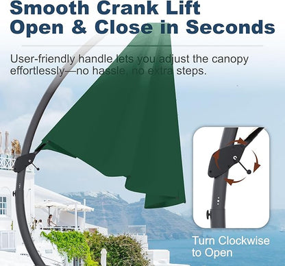 11FT Cantilever Umbrella with Base Large Curvy Outdoor Aluminum Offset Umbrella w/ 360° Rotation, UV Resistant Canopy for Patio, Garden, Backyard, Forest Green