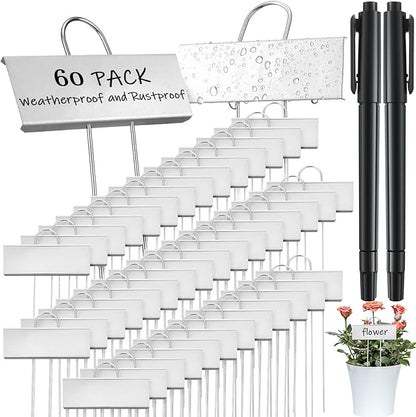 Maitys 60 Pcs Metal Plant Label Stakes Garden Name Markers Outdoor Waterproof Stainless Steel Nursery Tags for Vegetable Herb Flower Seed Identification with 2 Pcs Pens