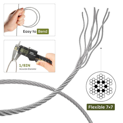 1/8 Inch Stainless Steel Cable Kit 164FT, 7 x 7 Strands Wire Rope with Aluminium Sleeves & Thimbles for Deck Railing, String Light Hanging, Shade Sail, Garden and DIY Projects