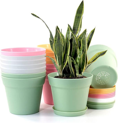 WOUSIWER 16 Pack 6 inch Plastic Planters, Indoor Flower Pots, Heavy Duty and Stylish 6 Inch Plant Pots for Indoor Plants with Drainage Holes and Tray for Plants, Flowers, Colorful