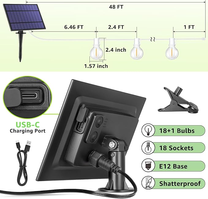 Mlambert 96Ft(2x48Ft) Solar String Lights, Outdoor Waterproof Patio Lights with 18 Shatterproof G40 Bulbs(2 Spare), Led Light for Backyard-White Wire