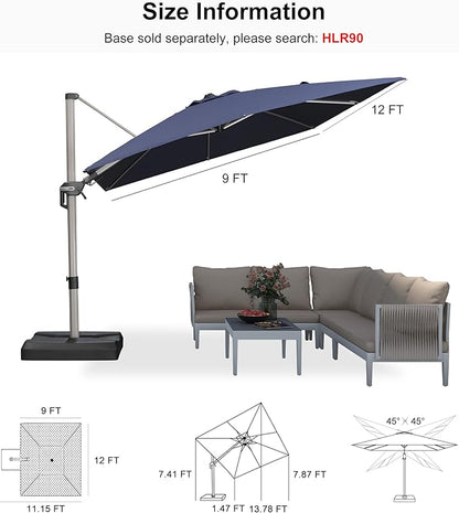 PURPLE LEAF 9' X 12' Left-right Tilting Patio Umbrella Outdoor Swivel Cantilever Umbrella Aluminum Offset Umbrella with Champagne Frame and 360-degree Rotation for Garden Deck Pool, Navy Blue