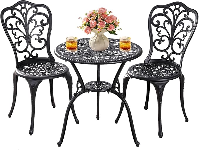Patio Bistro Set 3 Piece Outdoor,Cast Aluminum Outdoor Bistro Table and Chair Set of 2 with 1.97" Umbrella Hole,All Weather Bistro Table Set for Front Porch Set(Butterfly Black)