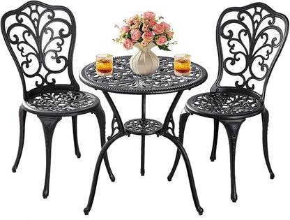 Patio Bistro Set 3 Piece Outdoor,Cast Aluminum Outdoor Bistro Table and Chair Set of 2 with 1.97" Umbrella Hole,All Weather Bistro Table Set for Front Porch Set(Butterfly Black)