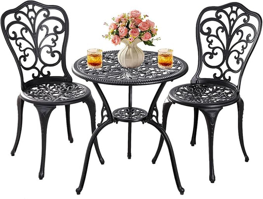 Patio Bistro Set 3 Piece Outdoor,Cast Aluminum Outdoor Bistro Table and Chair Set of 2 with 1.97" Umbrella Hole,All Weather Bistro Table Set for Front Porch Set(Butterfly Black)