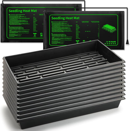 Seed Starter Kit - 10 Pack 1020 Seed Trays with 2 Seedling Heat Mats for Plants (10"x20.5"), Complete Seed Germination Kit for Indoor Gardening, Greenhouse Accessories Gardening Gifts