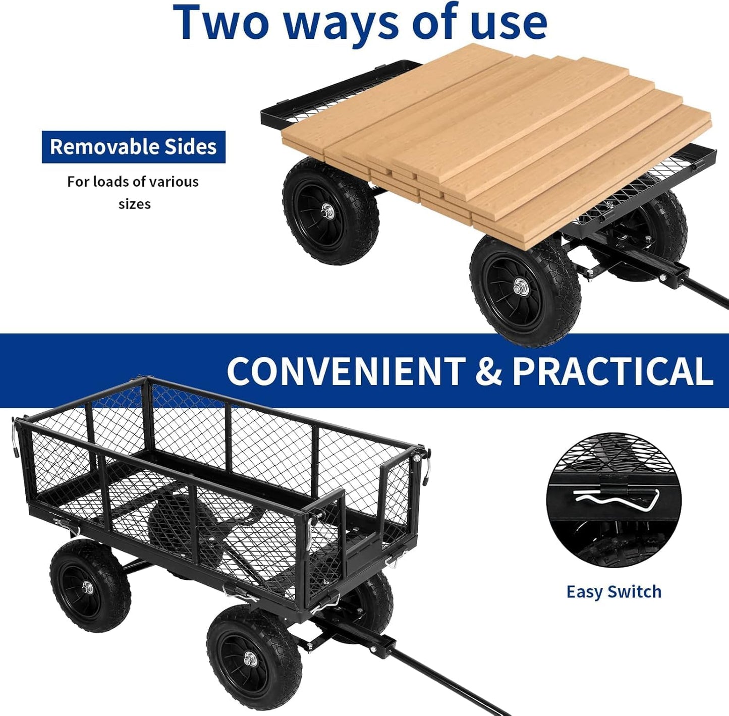 BILT HARD 10" Flat Free Tires Heavy Duty Garden Cart with 180° Rotating Handle and Removable Sides, 4 Cu.Ft 400 lbs Capacity Utility Steel Wagons for Outdoor